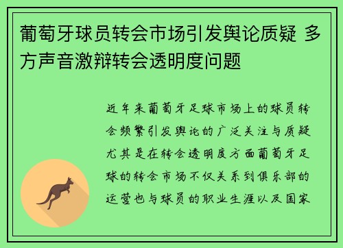 葡萄牙球员转会市场引发舆论质疑 多方声音激辩转会透明度问题