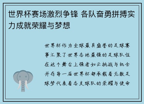 世界杯赛场激烈争锋 各队奋勇拼搏实力成就荣耀与梦想