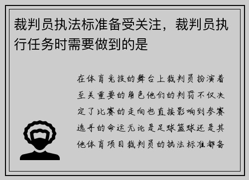 裁判员执法标准备受关注，裁判员执行任务时需要做到的是